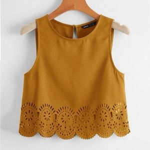 Mustard yellow scallop trim top